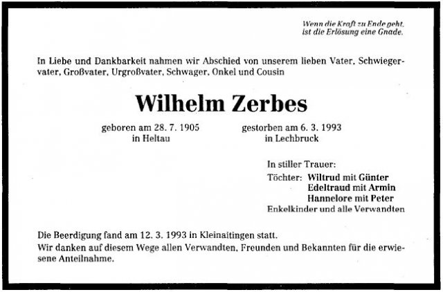 Zerbes Wilhelm 1905-1993 Todesanzeige